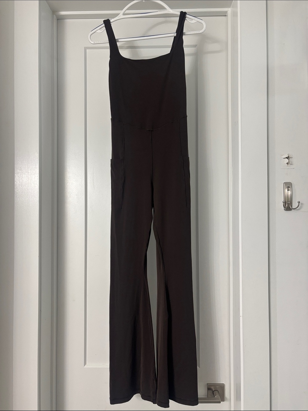 RealMme Extra high-rise short inseam jumpsuit in a rich chocolate